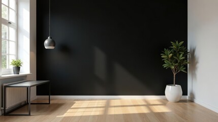 Modern minimalist interior design featuring a black accent wall, sunlight streaming through a window, a simple black metal desk, and a potted plant