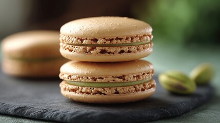 Pistachio macarons resting on dark surface with blurred background