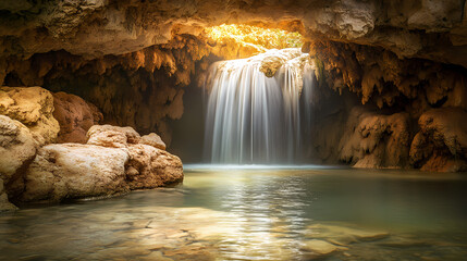 Stunning underground cavern waterfall with glistening rocks and serene waterscape - perfect natural retreat and relaxation ambiance - nature's hidden marvels. Obscured Echo. Illustration