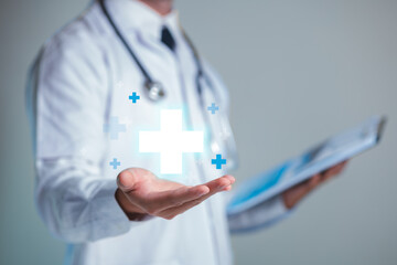 Doctor Holding Medical Symbols with Stethoscope and Clipboard