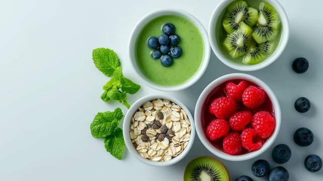 Colorful bowls filled with oats, fresh fruits, and a green smoothie placed on a white surface, highlighting nutritious breakfast choices