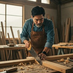 A carpenter uses a hand saw to cut wood in a sunlit workshop, with sawdust in the air and a focus on craftsmanship.