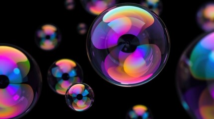 Colorful soap bubbles, iridescent, floating on black background