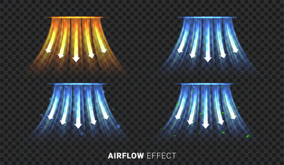 Set of airflow effects for ac. Realistic vector illustration with cooling and warming airflow effects for decoration of ads of modern split systems. Concept of climate control for air conditioners.