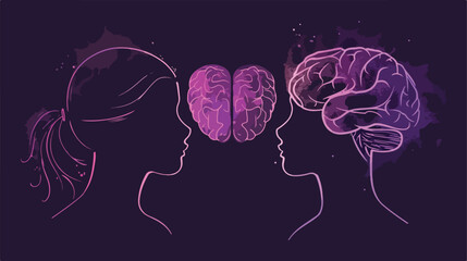 Abstract Purple Silhouette of Human Head with Brain and Heart Vector Illustration