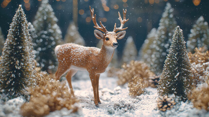 A majestic reindeer figurine stands gracefully amidst a snowy winter wonderland scene decorated with miniature pine trees and golden pine cones creating a charming festive