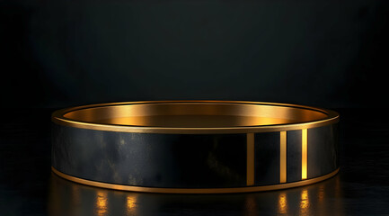 A sleek black and golden bowl on a reflective surface, perfect for showcasing luxury decor and modern design aesthetics.