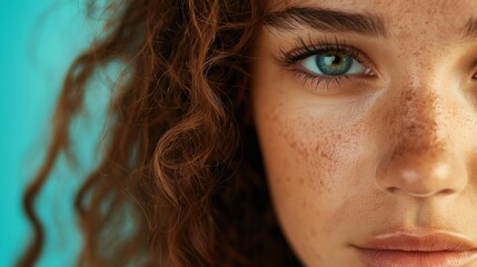 Fototapeta premium Close-up portrait of a young woman's face. she has curly brown hair and blue eyes. her face is turned slightly to the side, and she is looking directly at the camera with a serious expression.