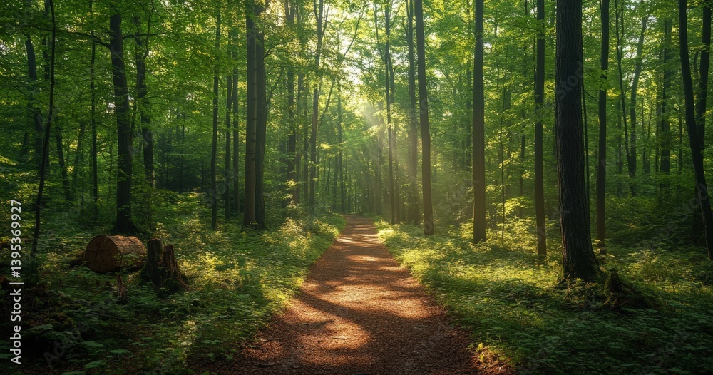 Poster sunlight filtering through trees on serene forest trail