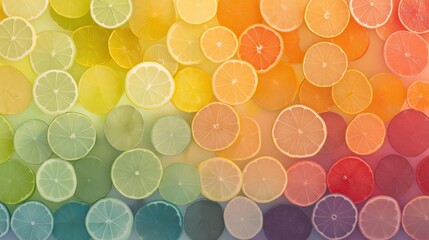 Close-up of a background made up of multiple slices of citrus fruits. the slices are arranged in a grid-like pattern, with each slice overlapping the one below it.