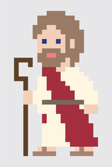 Fototapeta premium Jesus Christ with staff, pixel cartoon style. Good shepherd. EPS 10 Vector Illustrations