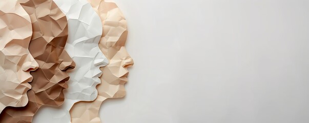 Paper silhouettes of people's heads with different skin colors on a white background. Diversity concept.