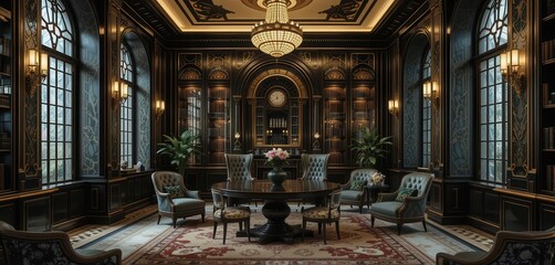  A glamorous and stylish library featuring bold geometric designs, luxurious materials, and a touch of vintage elegance.