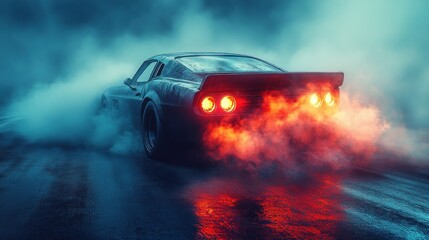 Dark, wet, muscle car drifts through smoky night