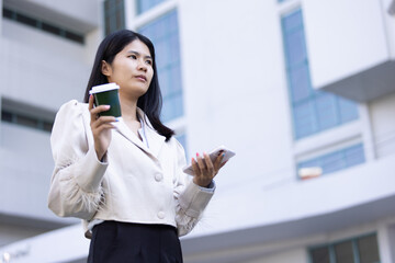 Future remote work combines technology smart phone connection online white digital business woman...