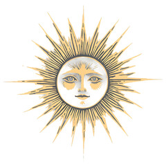 Sun woodcut tattoo art isolated on a background