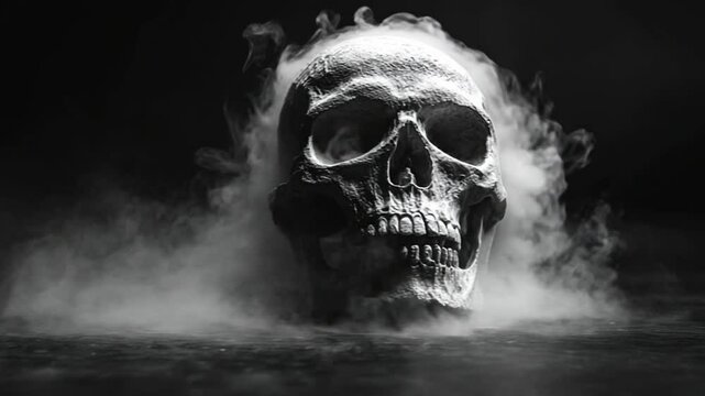 Eerie skull surrounded by swirling fog. A haunting skull rises from a dense mist, creating an unsettling atmosphere in a dark environment.