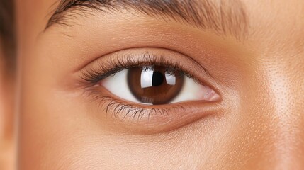 Fototapeta premium Close-up of a person's eye. the eye is the focal point of the image, with the iris being the main focus. the iris is a deep brown color, and the pupil is a lighter shade of brown.