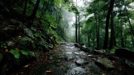 Fototapeta premium Lush forest path, vibrant greenery enveloping a serene trail with dappled sunlight peeking through, inviting nature exploration.