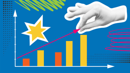 Fototapeta premium Contemporary collage growth graph. Scheme with increase columns, hand pulling arrow up. Concept of economic growth, development, progress. Halftone effect elements, vector graphics