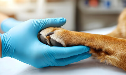 A veterinary professional gently holds a dog's paw, providing care and comfort in a clinical setting.