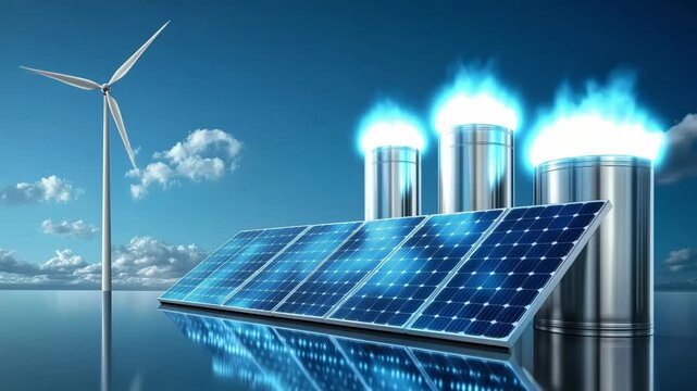 Solar panels and wind turbines generate renewable energy while gas facilities provide additional power under a bright sky