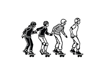Silhouette of skateboarders isolated on a white background