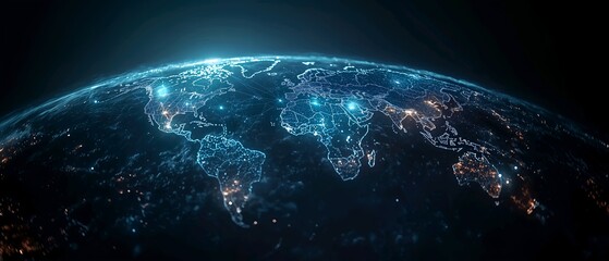 Obraz premium Digital world map with global network connections, data transfer, and connectivity concept. Technology digital future. Background of blue gradient for graphic design, website banner, or presentation