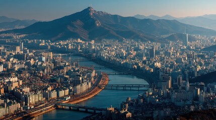 Fototapeta premium Breathtaking urban landscape featuring bustling cityscape, mountainous backdrop, expansive waterway, clear sky, ideal for travel guides.