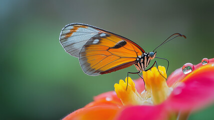 A delicate butterfly with shimmering wings enjoys the nectar of a colorful flower at dawn Generative AI
