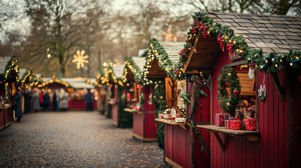 A charming Christmas market scene unfolds with rows of festive red wooden stalls adorned with garlands lights and wreaths creating a magical holiday atmosphere.