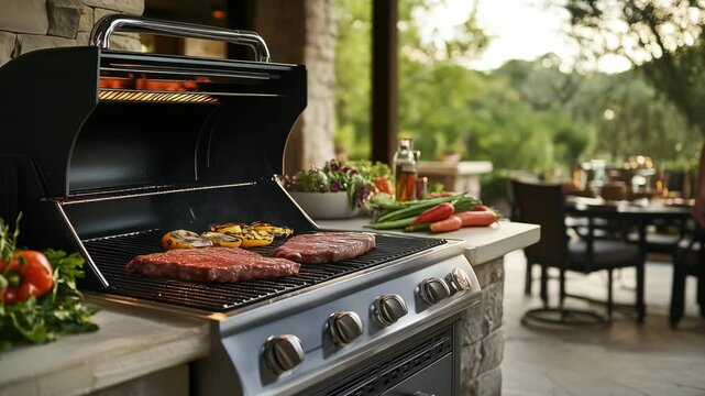 Meats and vegetables are being grilled on a barbecue while surrounded by fresh produce in an outdoor kitchen setting