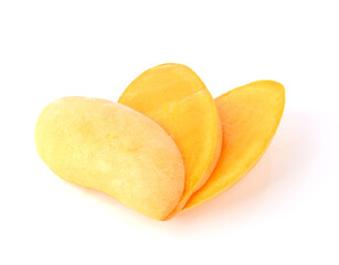 mangoes cut in half and slice isolated on white background