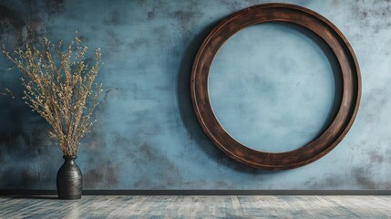 Fototapeta premium A large wooden circular frame, hanging low and off-center on a faded blue wall, adding warmth and rustic beauty to the minimalist setting.