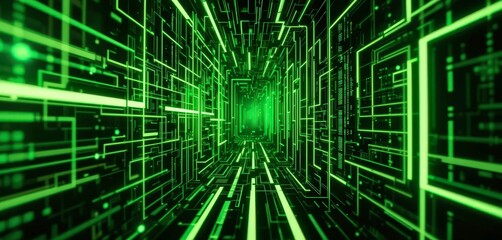  Cyber Conduit High Tech Digital Wallpaper featuring Fluorescent Green Streams and Abstract Matrix Channels
