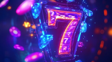 Glowing neon seven in a futuristic slot machine reel surrounded by sparkling crystals and bokeh lights.