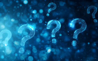 Naklejka premium Abstract digital background featuring glowing question marks amidst shimmering blue particles, symbolizing inquiry and curiosity.