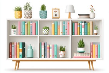 A flat 2D design of a bookshelf with colorful books and small plants, white background