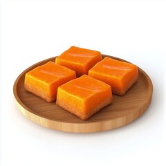 Pumpkin snack cake on wooden plate isolated white