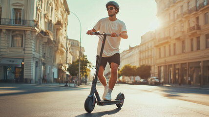 Fototapeta premium A young man smoothly rides an electric scooter through a vibrant city at sunset Generative AI