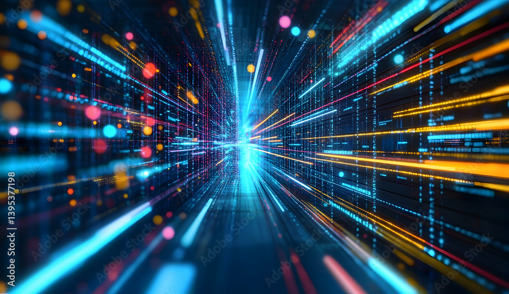 Wall mural high-speed light streaks in vibrant colors, representing the speed of data transfer and technology i