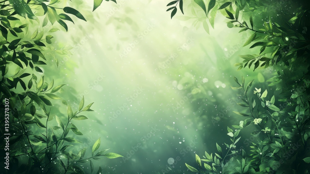 Poster sunbeams filtering through lush green foliage in a forest.