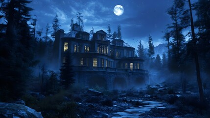 A huge modern mansion in a forest at night, symbolizing luxury, tranquility, and modern architecture, ideal for real estate or architectural inspiration.