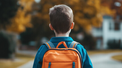 Fototapeta premium A boy with a backpack strolls thoughtfully down a picturesque, autumn-leaved street Generative AI