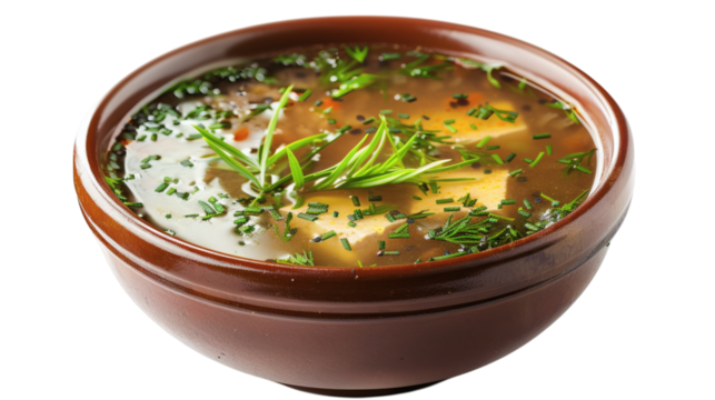 Miso soup with tofu in a brown bowl isolated on white - Powered by Adobe