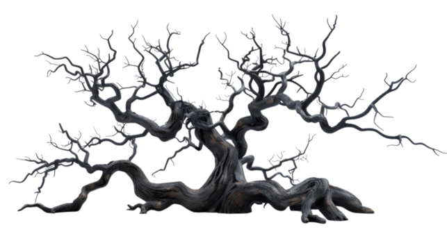 Old dark spooky dead tree isolated on white