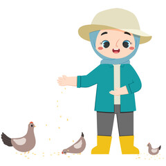 Cute girl is feeding chickens