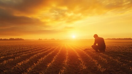 A farmer kneels in a field at golden hour, contemplating the harvest.