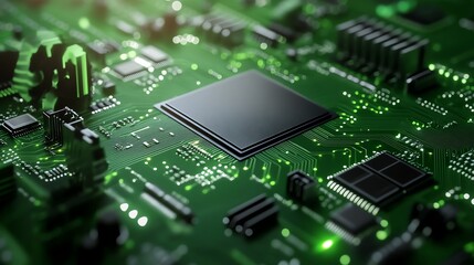 Obraz premium Renewable energy circuit board concept with solar and turbine components, digital green tech