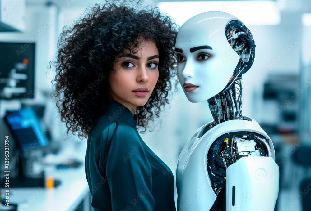 Poster female engineer with curly hair and black turtleneck standing next to white humanoid robot with fema